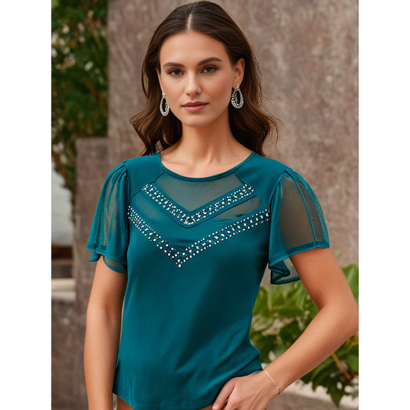 Petite Studded Short Flutter Sleeve Top Size Petite Medium Green - Picture 1 of 4